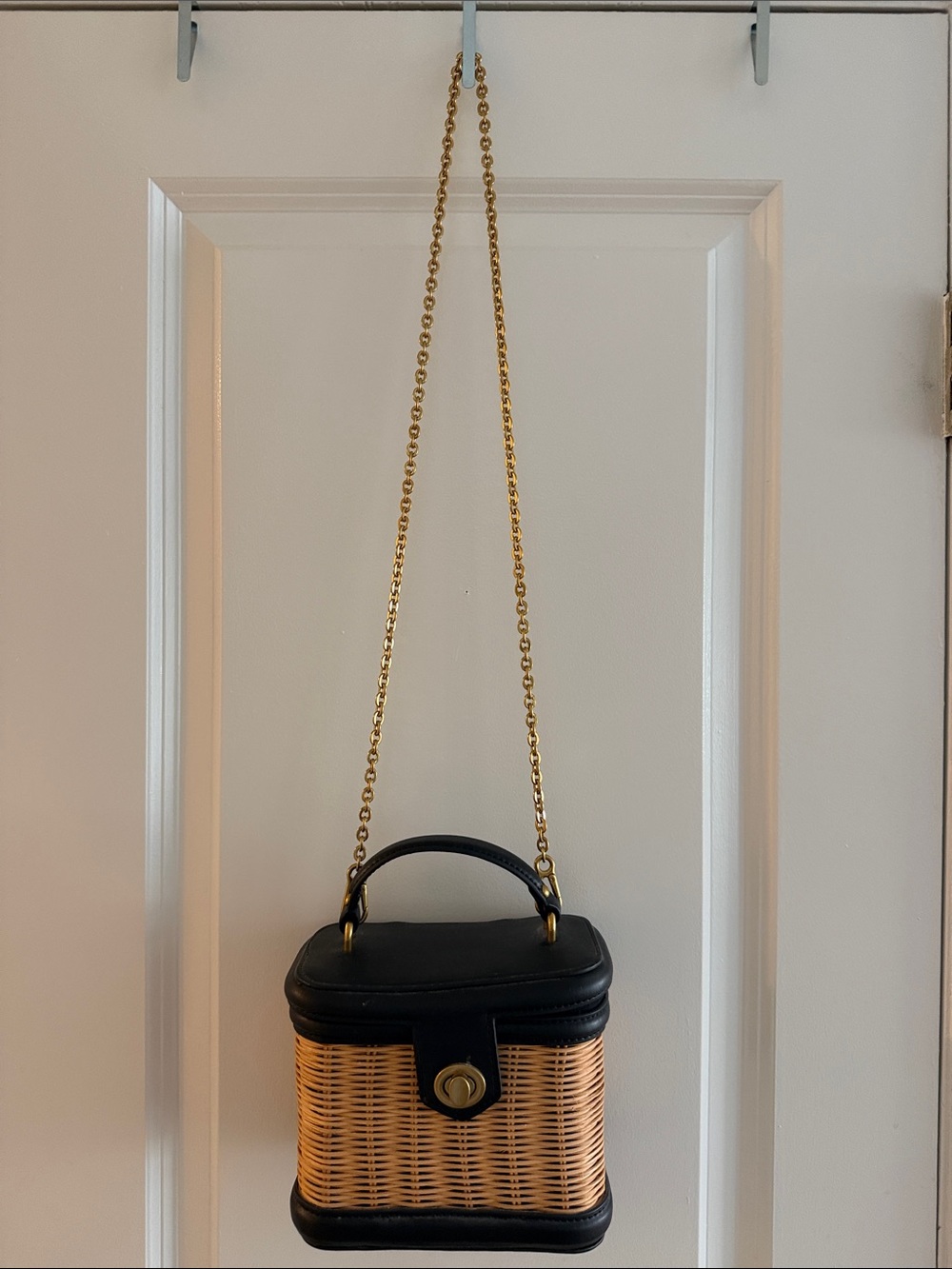 Zara Woven Rattan Crossbody Bag with Black Leather Trim
